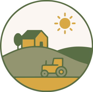 Landschaft mit Bauernhof, Sonne und Traktor